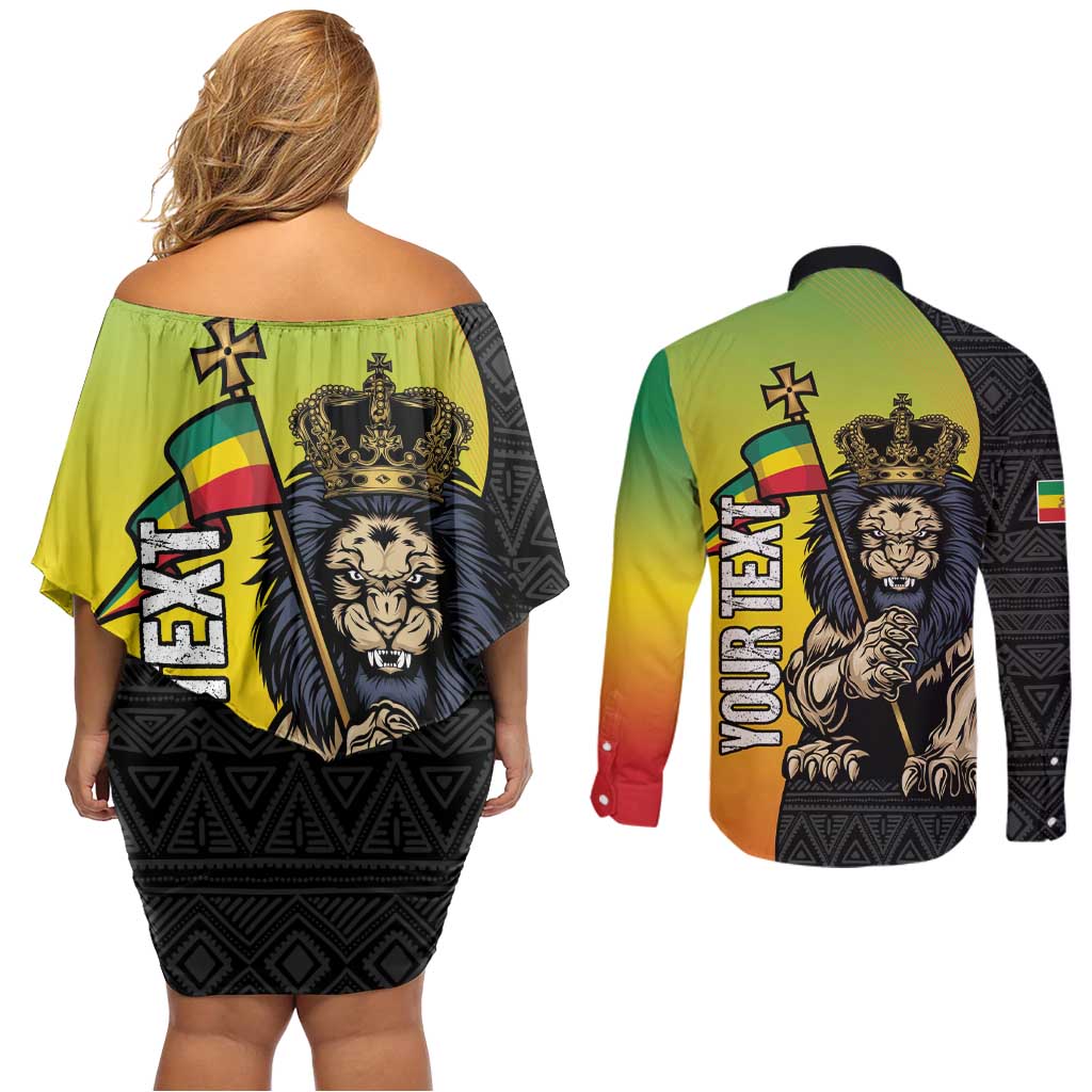 Personalized Ethiopia National Day Couples Matching Off Shoulder Short Dress and Long Sleeve Button Shirt Lion Of Judah African Pattern