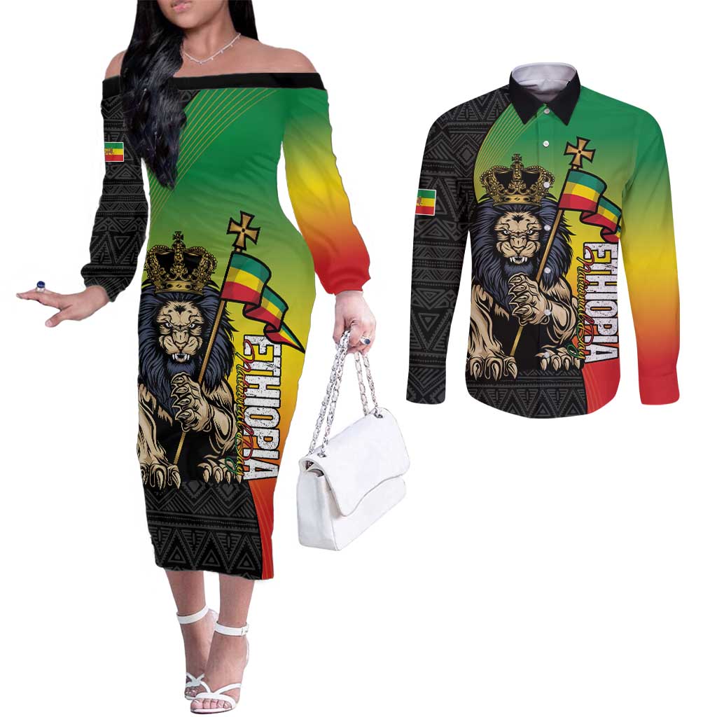 Personalized Ethiopia National Day Couples Matching Off The Shoulder Long Sleeve Dress and Long Sleeve Button Shirt Lion Of Judah African Pattern