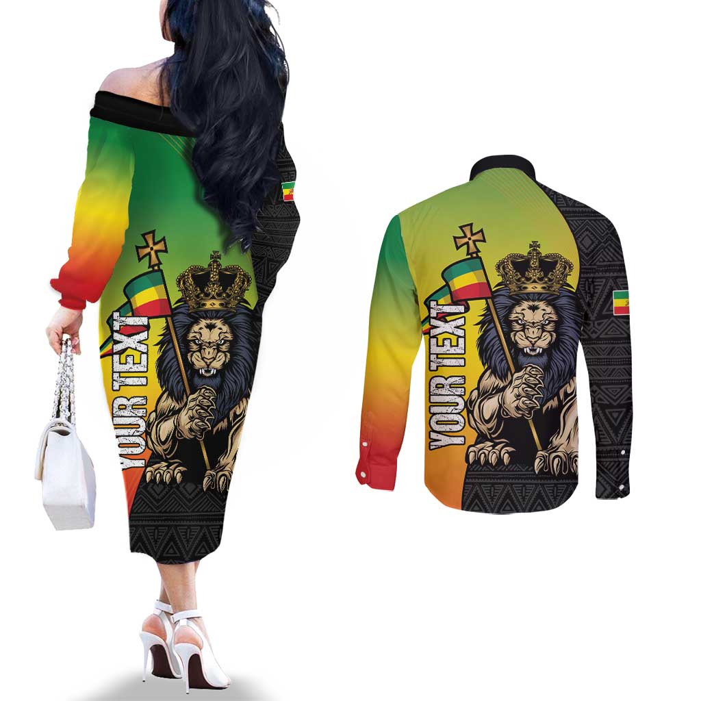Personalized Ethiopia National Day Couples Matching Off The Shoulder Long Sleeve Dress and Long Sleeve Button Shirt Lion Of Judah African Pattern