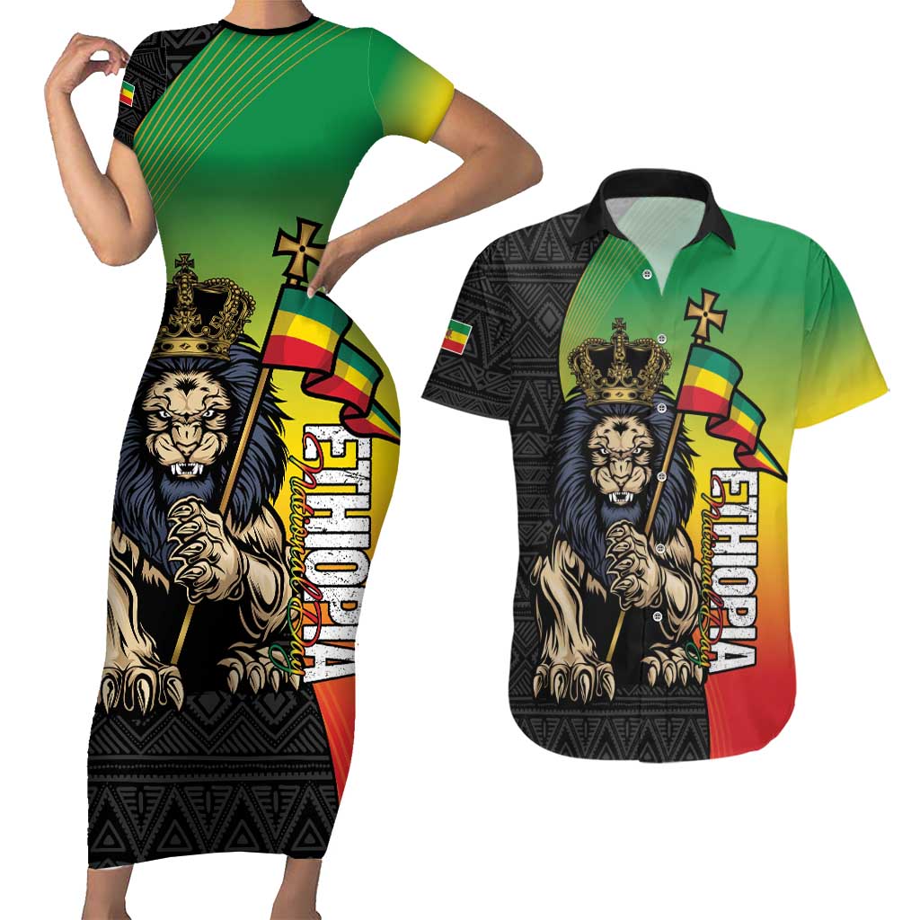 Personalized Ethiopia National Day Couples Matching Short Sleeve Bodycon Dress and Hawaiian Shirt Lion Of Judah African Pattern