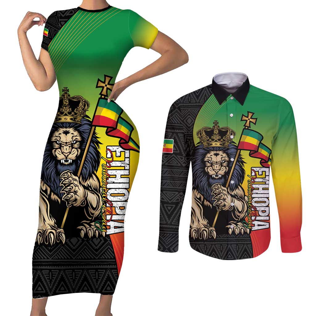 Personalized Ethiopia National Day Couples Matching Short Sleeve Bodycon Dress and Long Sleeve Button Shirt Lion Of Judah African Pattern