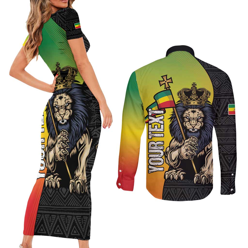 Personalized Ethiopia National Day Couples Matching Short Sleeve Bodycon Dress and Long Sleeve Button Shirt Lion Of Judah African Pattern