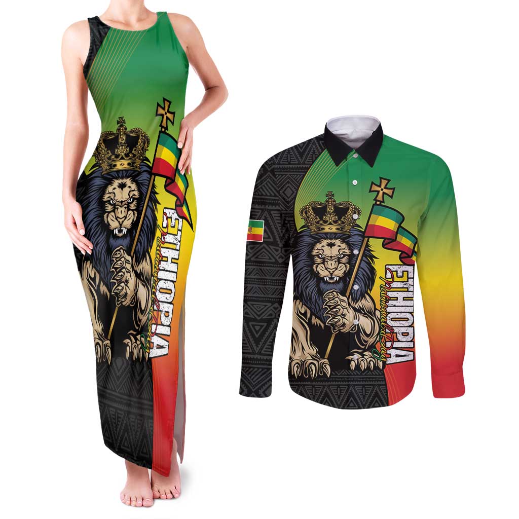 Personalized Ethiopia National Day Couples Matching Tank Maxi Dress and Long Sleeve Button Shirt Lion Of Judah African Pattern