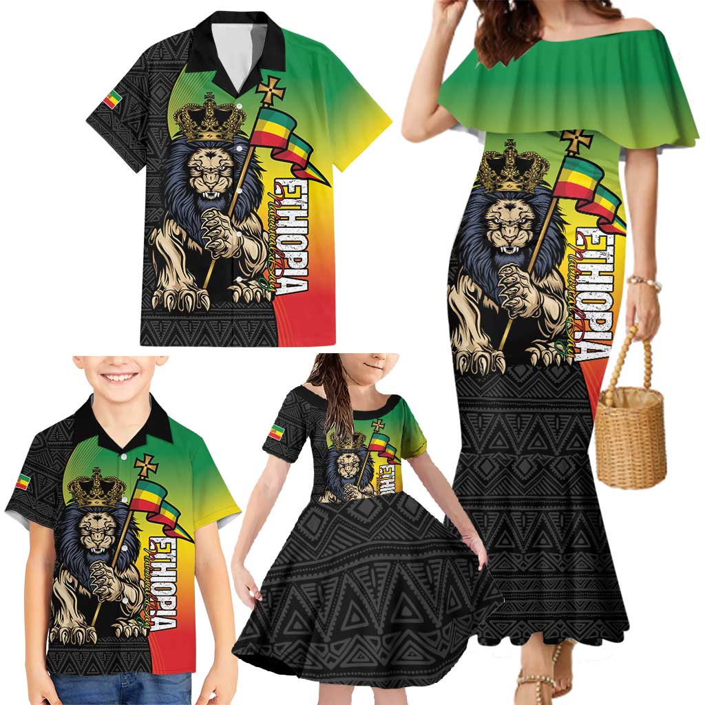 Personalized Ethiopia National Day Family Matching Mermaid Dress and Hawaiian Shirt Lion Of Judah African Pattern