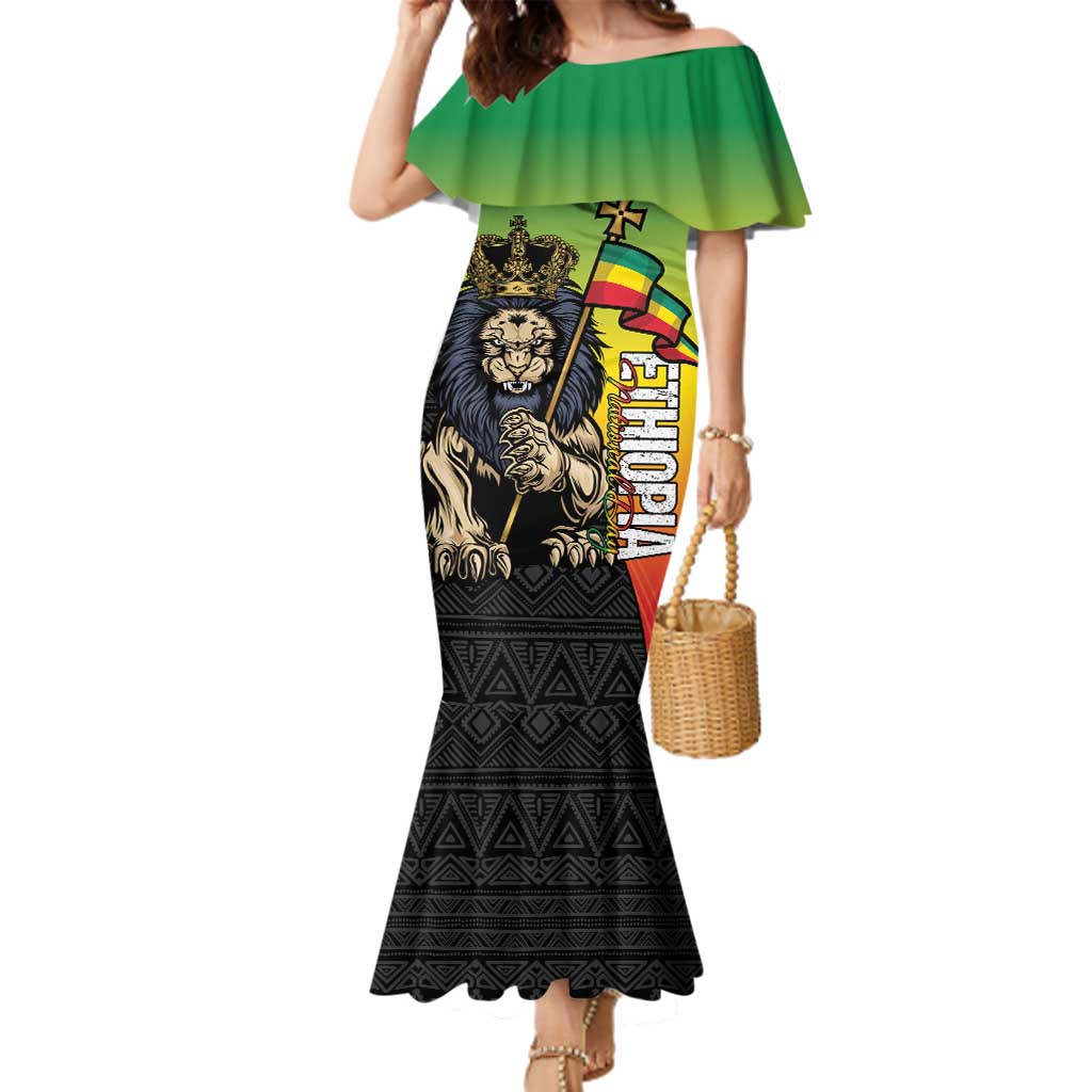 Personalized Ethiopia National Day Family Matching Mermaid Dress and Hawaiian Shirt Lion Of Judah African Pattern