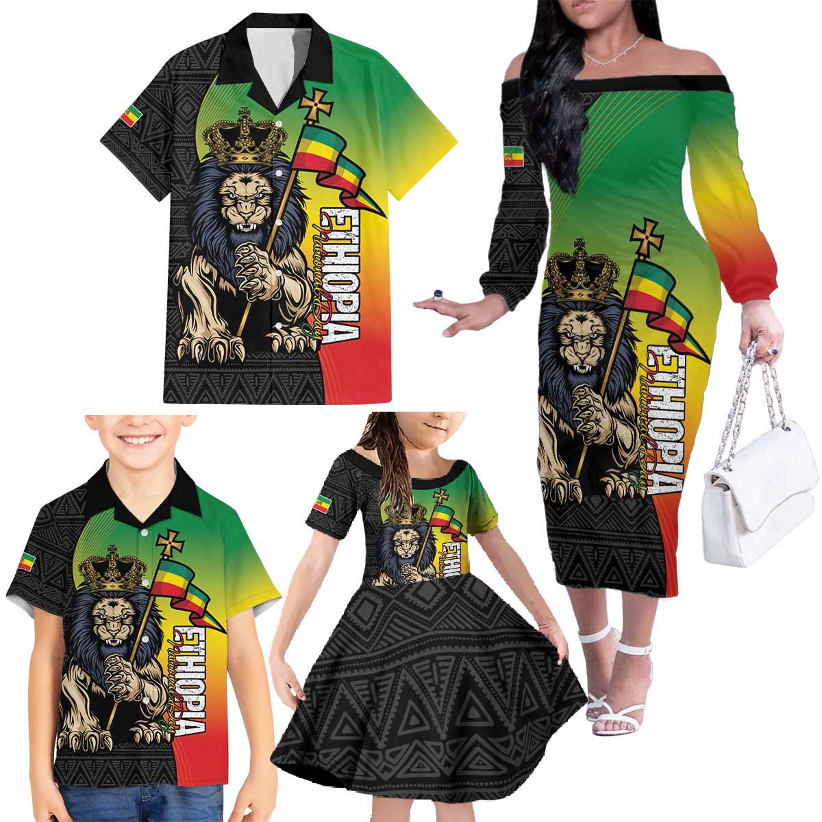 Personalized Ethiopia National Day Family Matching Off The Shoulder Long Sleeve Dress and Hawaiian Shirt Lion Of Judah African Pattern