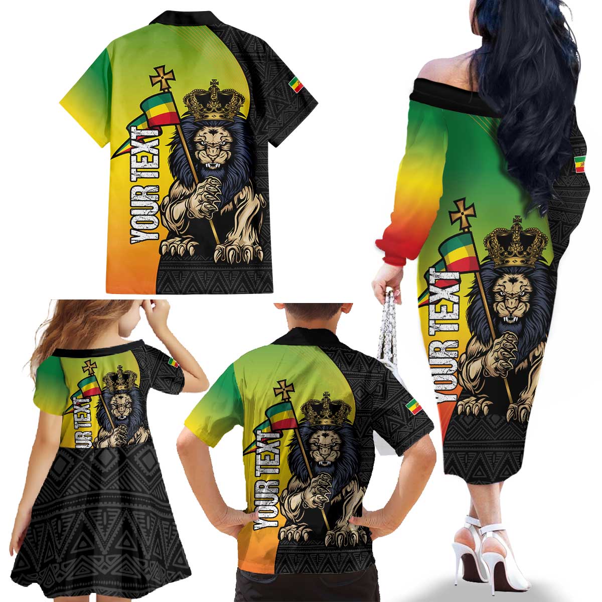 Personalized Ethiopia National Day Family Matching Off The Shoulder Long Sleeve Dress and Hawaiian Shirt Lion Of Judah African Pattern