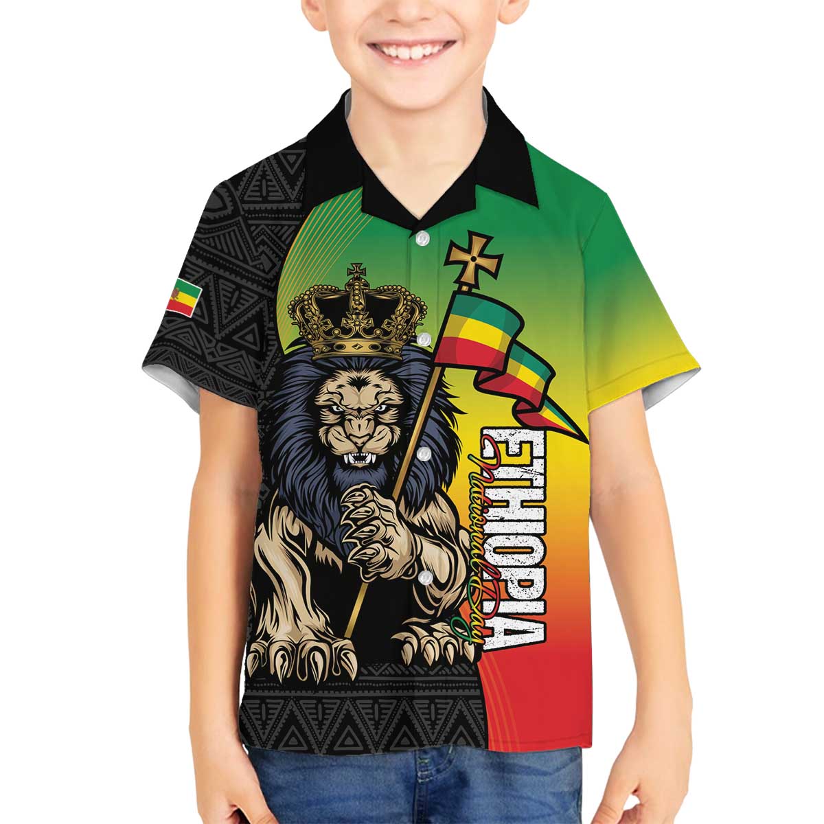 Personalized Ethiopia National Day Family Matching Off The Shoulder Long Sleeve Dress and Hawaiian Shirt Lion Of Judah African Pattern