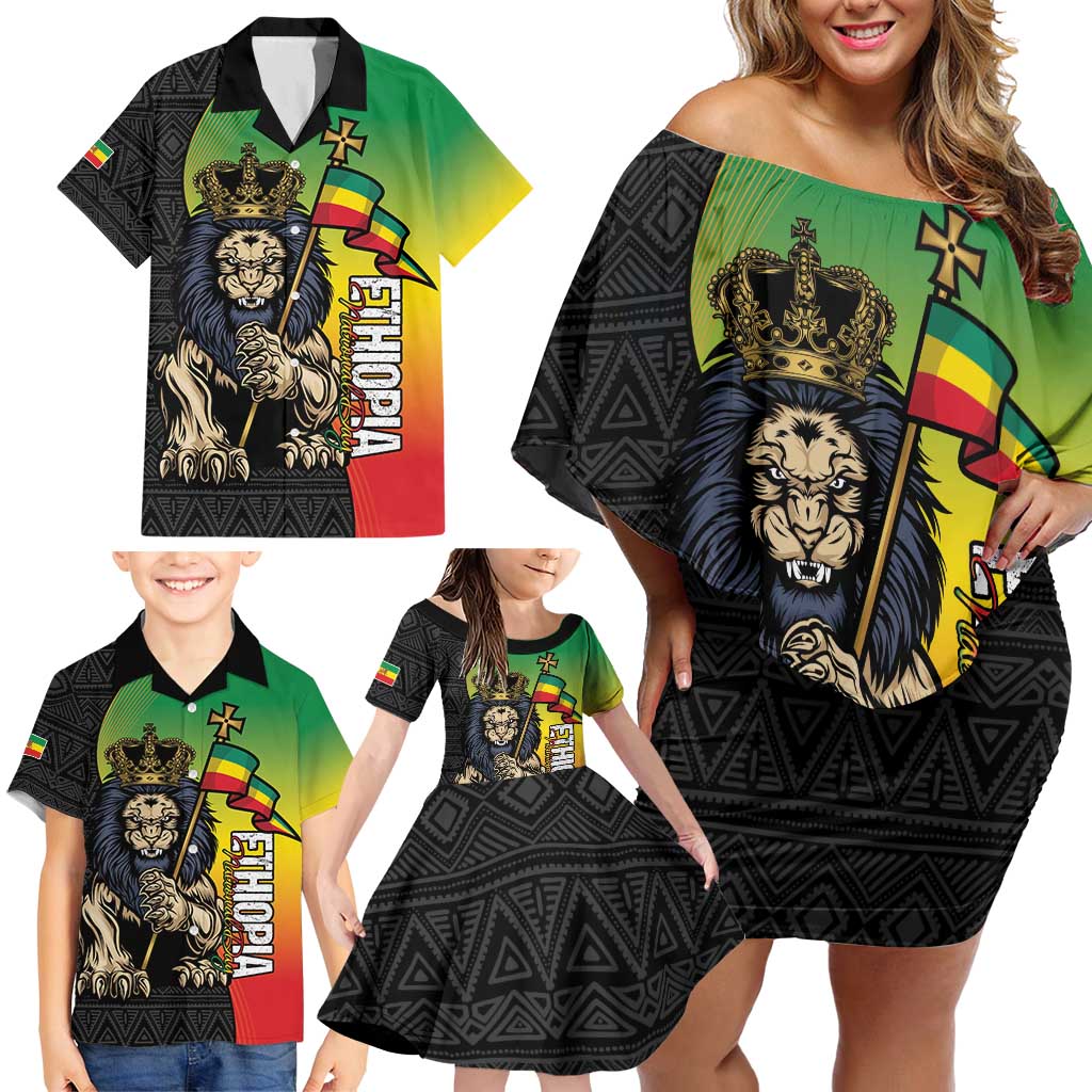 Personalized Ethiopia National Day Family Matching Off Shoulder Short Dress and Hawaiian Shirt Lion Of Judah African Pattern