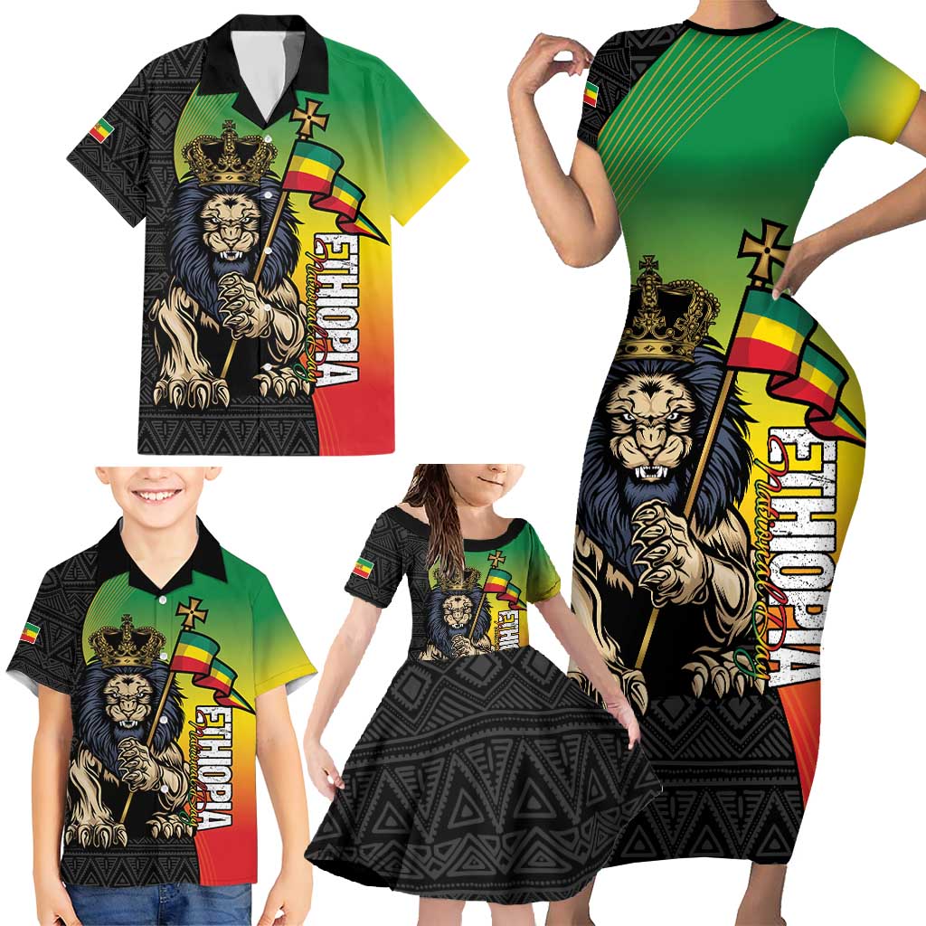 Personalized Ethiopia National Day Family Matching Short Sleeve Bodycon Dress and Hawaiian Shirt Lion Of Judah African Pattern