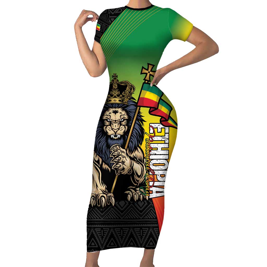 Personalized Ethiopia National Day Family Matching Short Sleeve Bodycon Dress and Hawaiian Shirt Lion Of Judah African Pattern