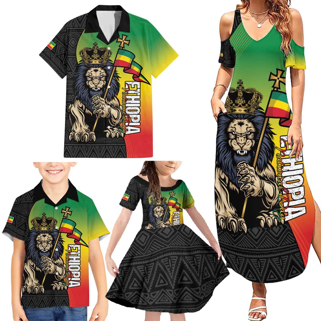 Personalized Ethiopia National Day Family Matching Summer Maxi Dress and Hawaiian Shirt Lion Of Judah African Pattern