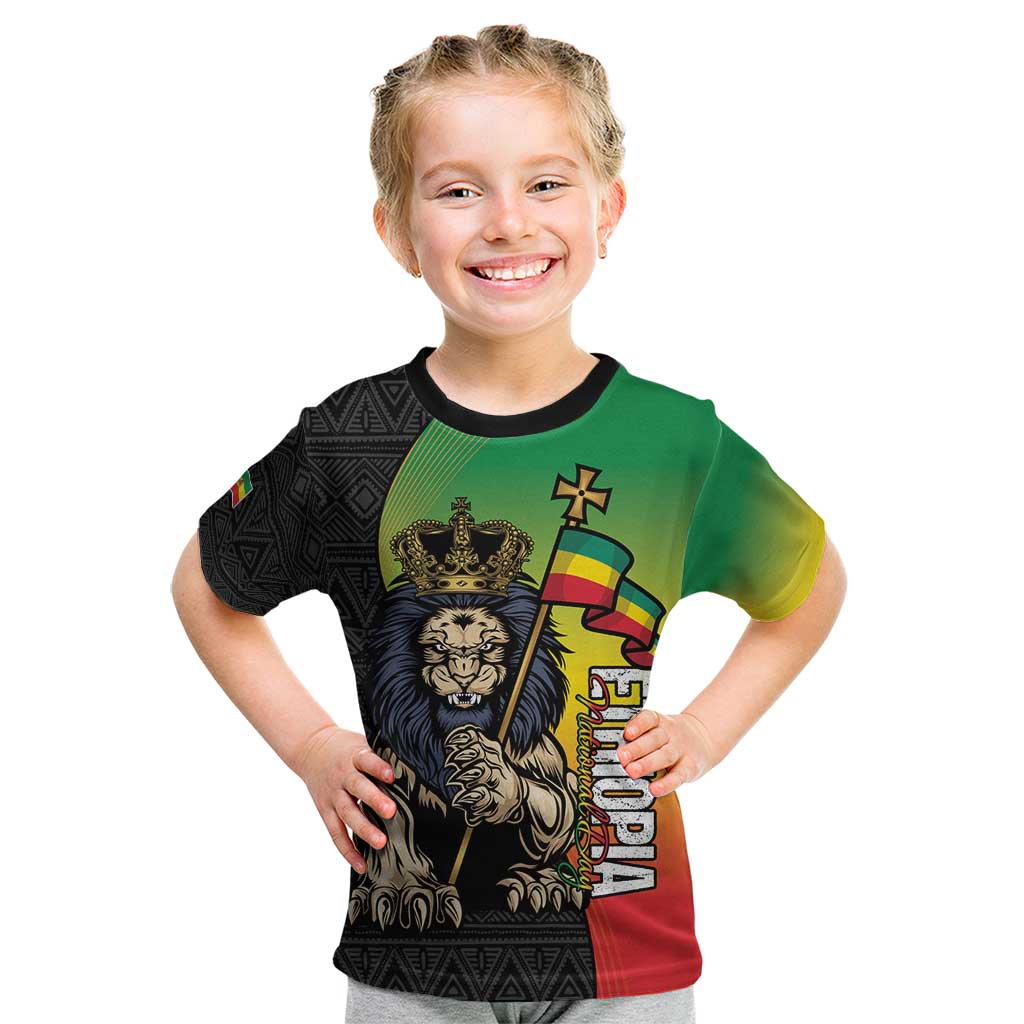 Personalized Ethiopia National Day Kid T Shirt Lion Of Judah African Pattern