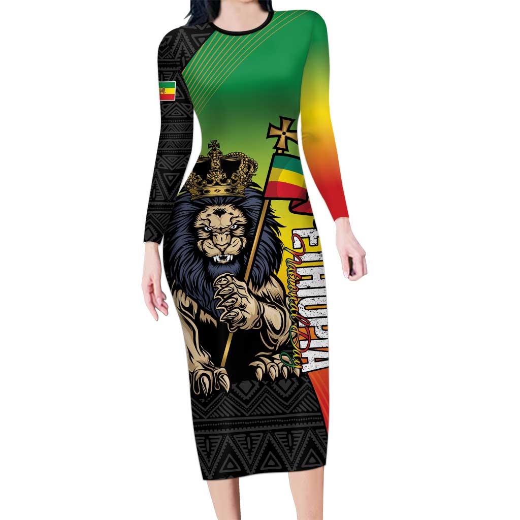 Personalized Ethiopia National Day Long Sleeve Bodycon Dress Lion Of Judah African Pattern