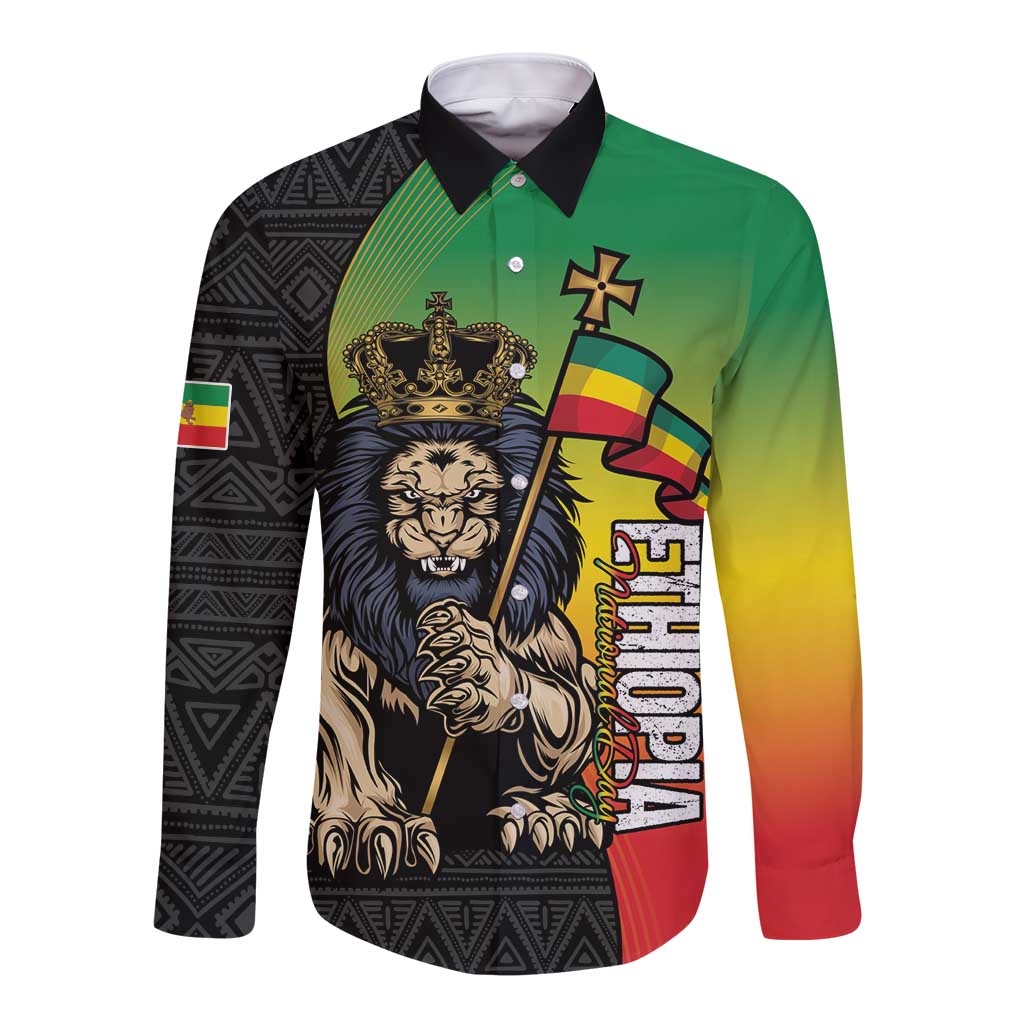 Personalized Ethiopia National Day Long Sleeve Button Shirt Lion Of Judah African Pattern
