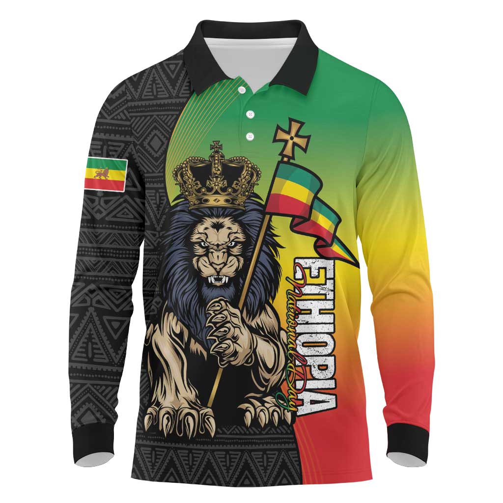Personalized Ethiopia National Day Long Sleeve Polo Shirt Lion Of Judah African Pattern
