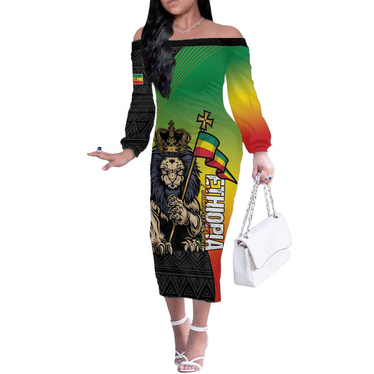 Personalized Ethiopia National Day Off The Shoulder Long Sleeve Dress Lion Of Judah African Pattern