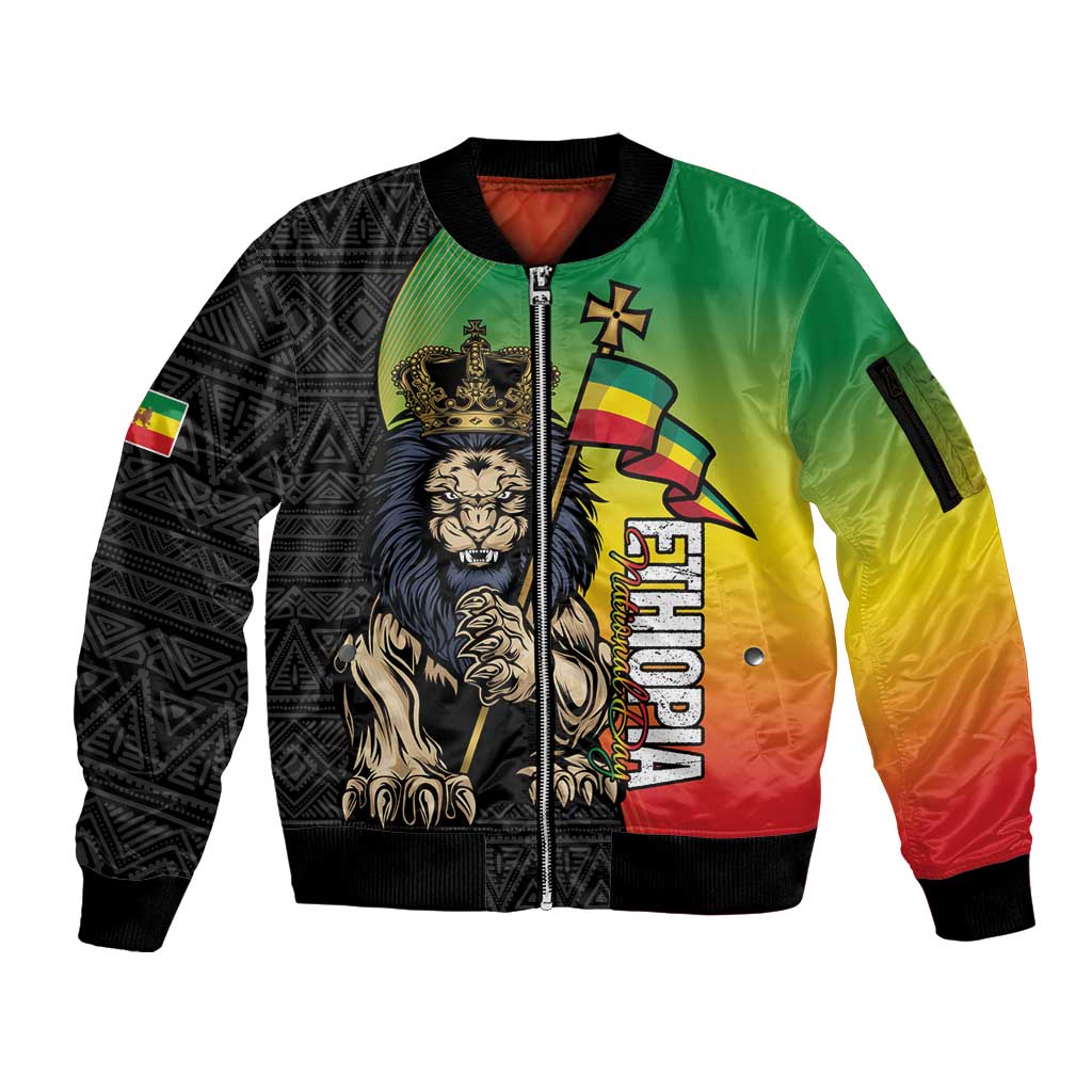 Personalized Ethiopia National Day Sleeve Zip Bomber Jacket Lion Of Judah African Pattern