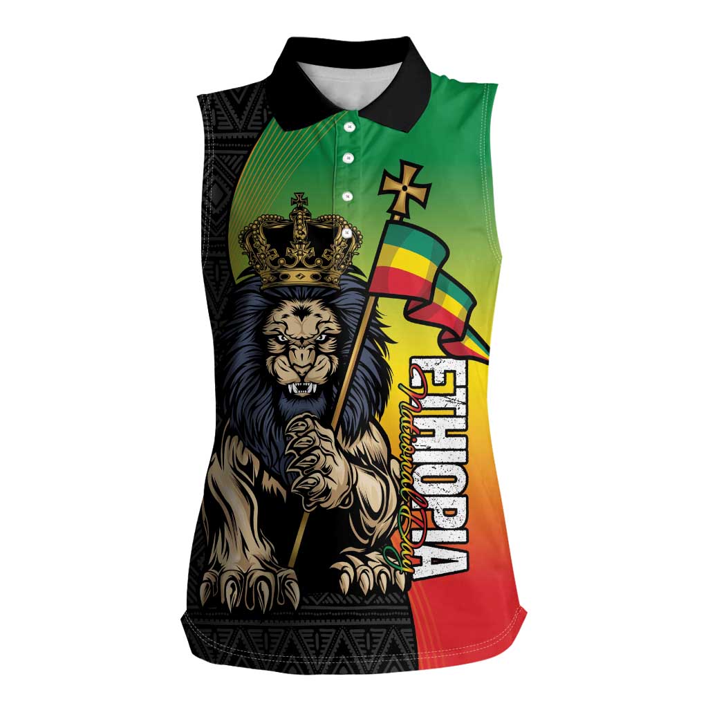 Personalized Ethiopia National Day Women Sleeveless Polo Shirt Lion Of Judah African Pattern