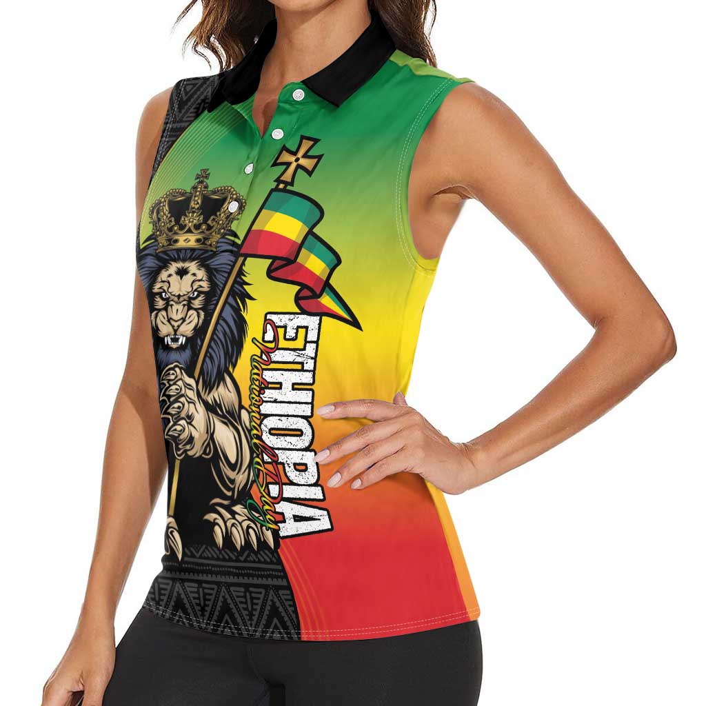 Personalized Ethiopia National Day Women Sleeveless Polo Shirt Lion Of Judah African Pattern