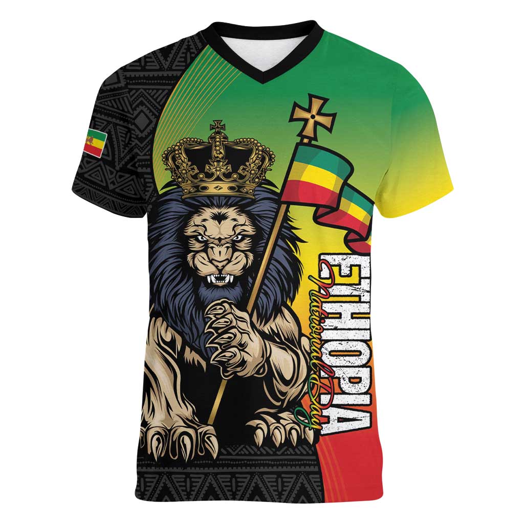 Personalized Ethiopia National Day Women V-Neck T-Shirt Lion Of Judah African Pattern