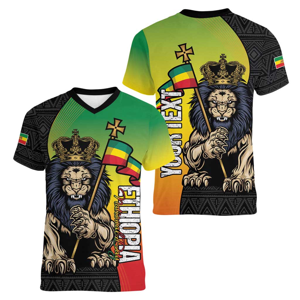 Personalized Ethiopia National Day Women V-Neck T-Shirt Lion Of Judah African Pattern
