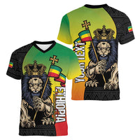 Personalized Ethiopia National Day Women V-Neck T-Shirt Lion Of Judah African Pattern