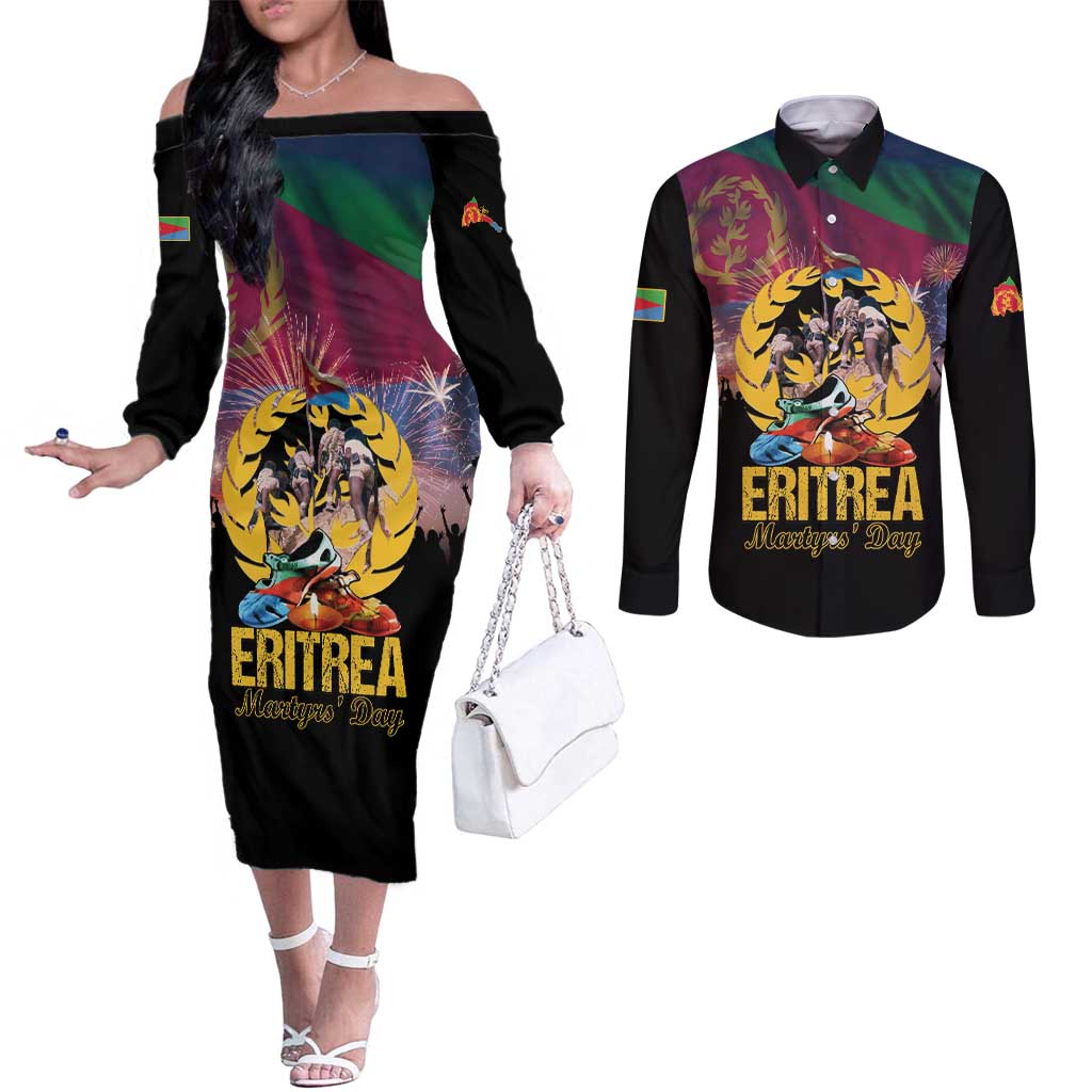 Personalized Eritrea Martyrs Day Couples Matching Off The Shoulder Long Sleeve Dress and Long Sleeve Button Shirt Eternal Glory To Our Martyrs