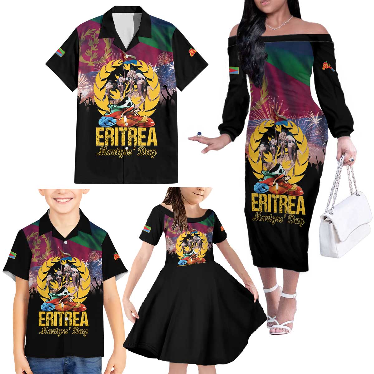 Personalized Eritrea Martyrs Day Family Matching Off The Shoulder Long Sleeve Dress and Hawaiian Shirt Eternal Glory To Our Martyrs