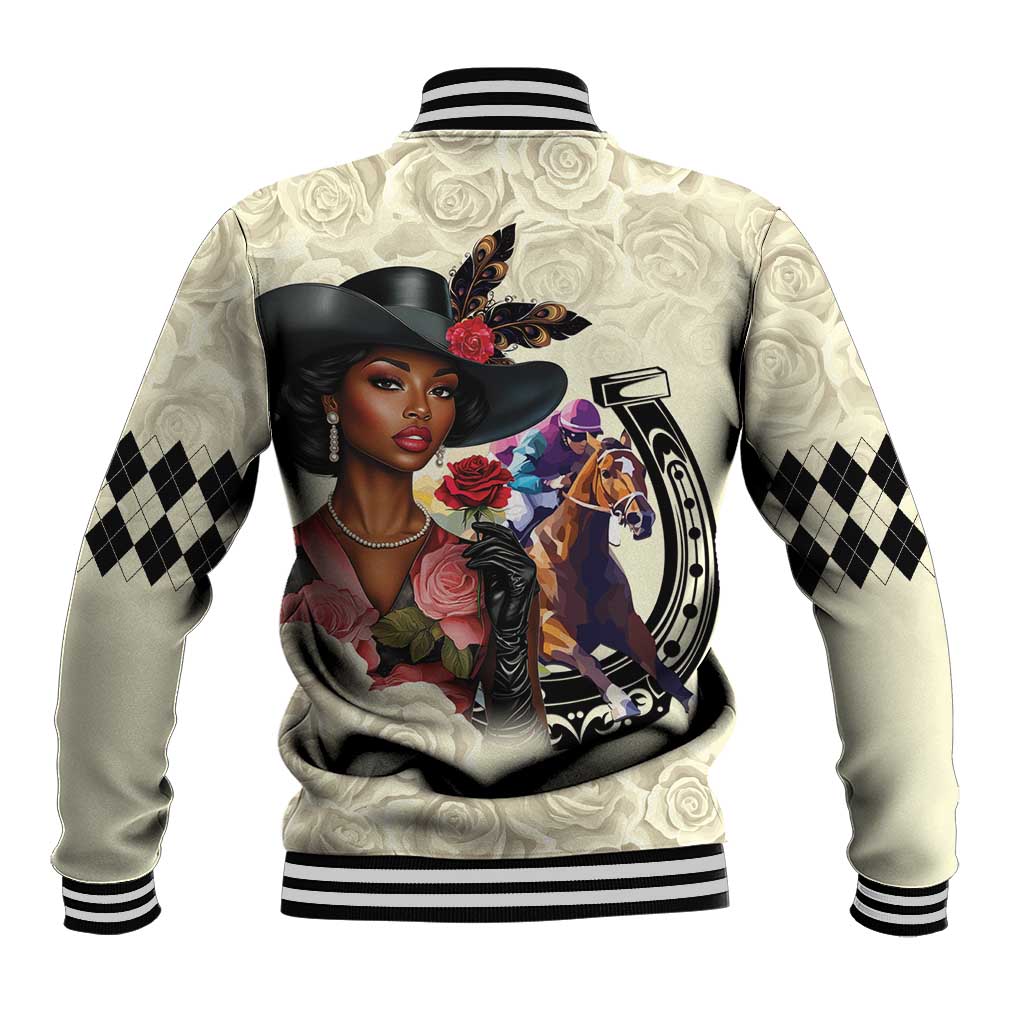 Kentucky Horse Racing Baseball Jacket Black Derby Lady Cream Roses