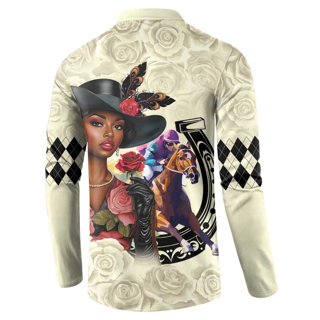 Kentucky Horse Racing Button Sweatshirt Black Derby Lady Cream Roses