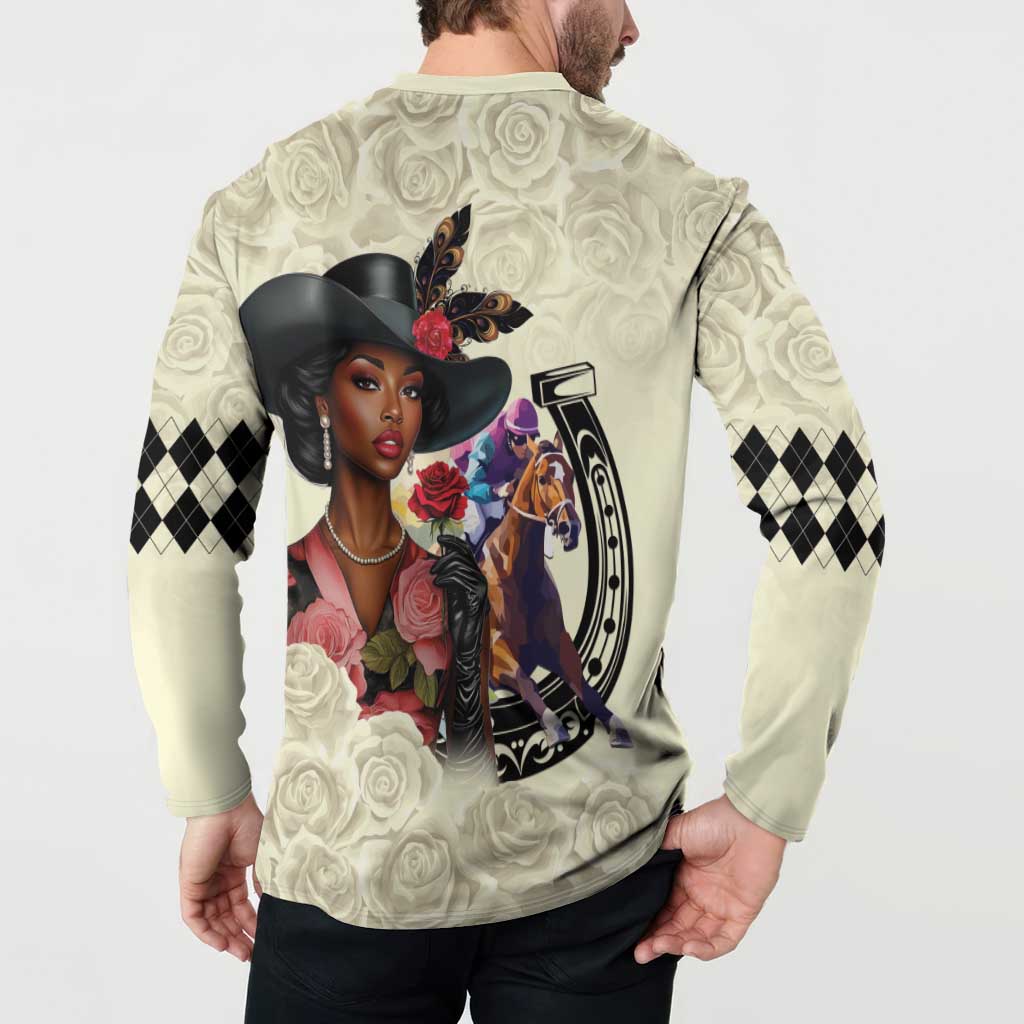 Kentucky Horse Racing Button Sweatshirt Black Derby Lady Cream Roses