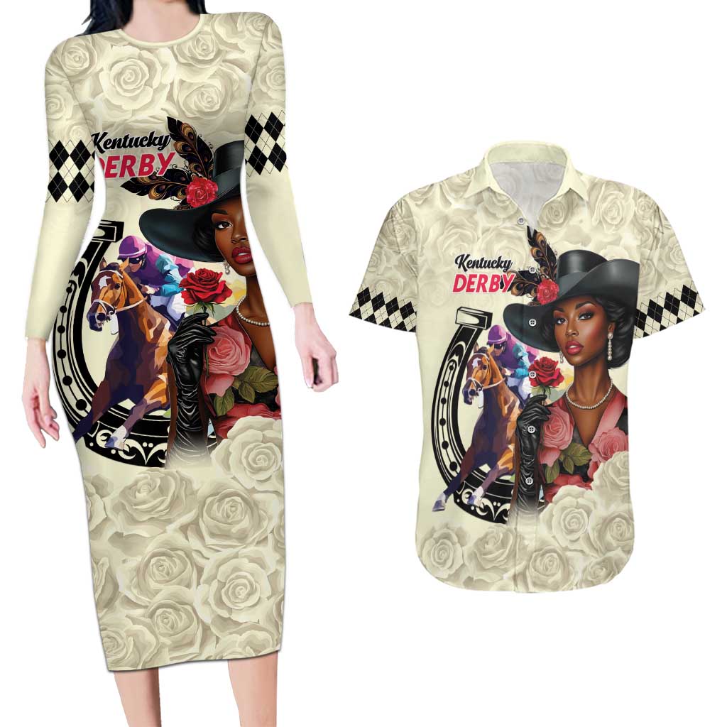 Kentucky Horse Racing Couples Matching Long Sleeve Bodycon Dress and Hawaiian Shirt Black Derby Lady Cream Roses
