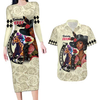 Kentucky Horse Racing Couples Matching Long Sleeve Bodycon Dress and Hawaiian Shirt Black Derby Lady Cream Roses