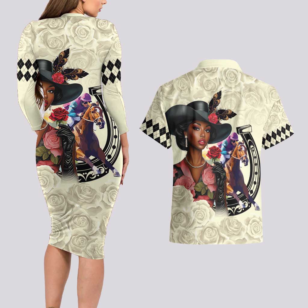 Kentucky Horse Racing Couples Matching Long Sleeve Bodycon Dress and Hawaiian Shirt Black Derby Lady Cream Roses