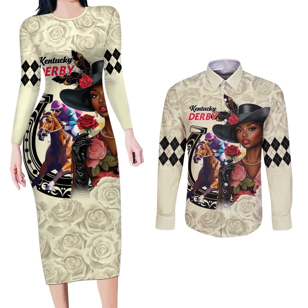Kentucky Horse Racing Couples Matching Long Sleeve Bodycon Dress and Long Sleeve Button Shirt Black Derby Lady Cream Roses