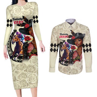 Kentucky Horse Racing Couples Matching Long Sleeve Bodycon Dress and Long Sleeve Button Shirt Black Derby Lady Cream Roses