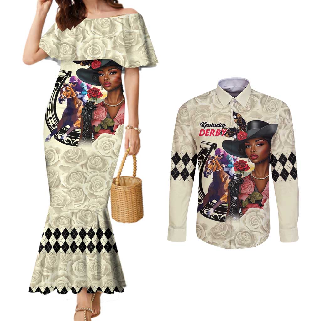 Kentucky Horse Racing Couples Matching Mermaid Dress and Long Sleeve Button Shirt Black Derby Lady Cream Roses