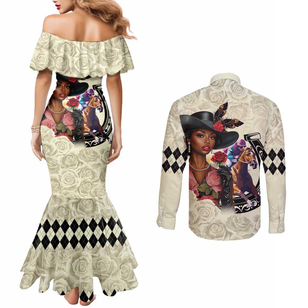 Kentucky Horse Racing Couples Matching Mermaid Dress and Long Sleeve Button Shirt Black Derby Lady Cream Roses