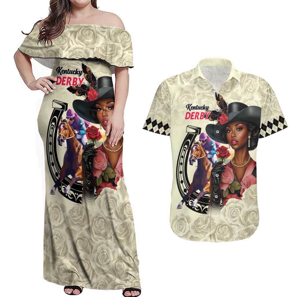 Kentucky Horse Racing Couples Matching Off Shoulder Maxi Dress and Hawaiian Shirt Black Derby Lady Cream Roses