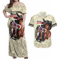 Kentucky Horse Racing Couples Matching Off Shoulder Maxi Dress and Hawaiian Shirt Black Derby Lady Cream Roses