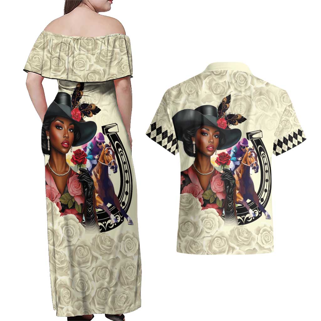 Kentucky Horse Racing Couples Matching Off Shoulder Maxi Dress and Hawaiian Shirt Black Derby Lady Cream Roses