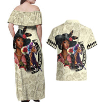 Kentucky Horse Racing Couples Matching Off Shoulder Maxi Dress and Hawaiian Shirt Black Derby Lady Cream Roses