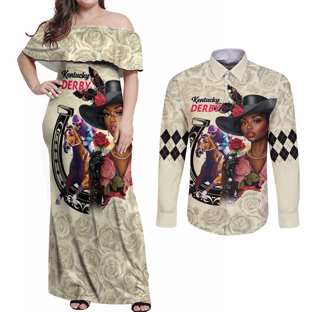 Kentucky Horse Racing Couples Matching Off Shoulder Maxi Dress and Long Sleeve Button Shirt Black Derby Lady Cream Roses