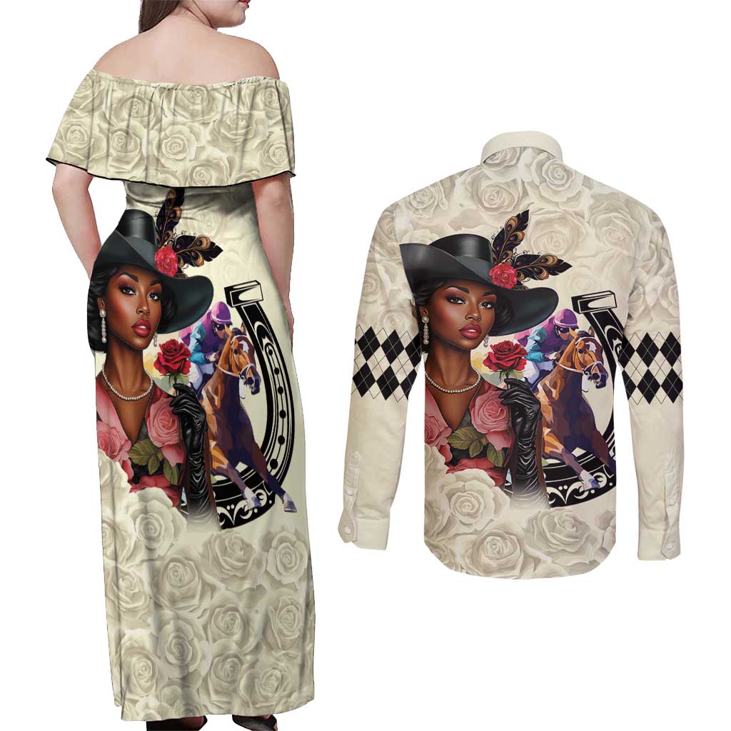 Kentucky Horse Racing Couples Matching Off Shoulder Maxi Dress and Long Sleeve Button Shirt Black Derby Lady Cream Roses