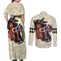 Kentucky Horse Racing Couples Matching Off Shoulder Maxi Dress and Long Sleeve Button Shirt Black Derby Lady Cream Roses