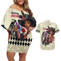 Kentucky Horse Racing Couples Matching Off Shoulder Short Dress and Hawaiian Shirt Black Derby Lady Cream Roses