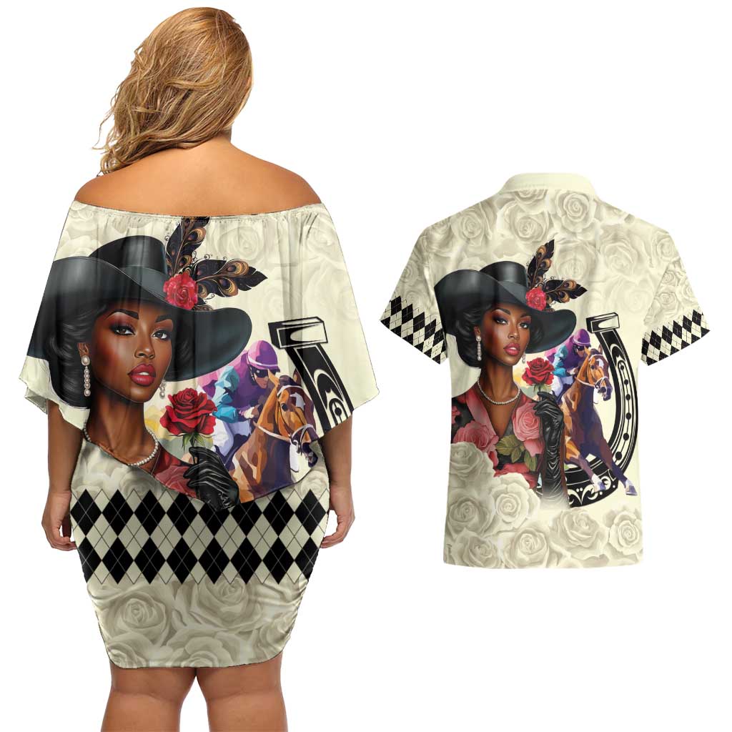 Kentucky Horse Racing Couples Matching Off Shoulder Short Dress and Hawaiian Shirt Black Derby Lady Cream Roses