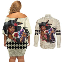 Kentucky Horse Racing Couples Matching Off Shoulder Short Dress and Long Sleeve Button Shirt Black Derby Lady Cream Roses