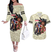 Kentucky Horse Racing Couples Matching Off The Shoulder Long Sleeve Dress and Hawaiian Shirt Black Derby Lady Cream Roses